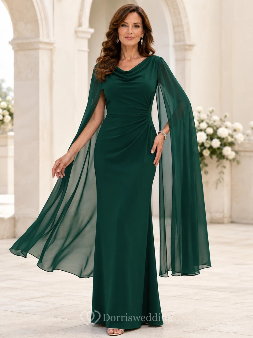 Emerald cowl neck cape sleeve sheath mother evening gown