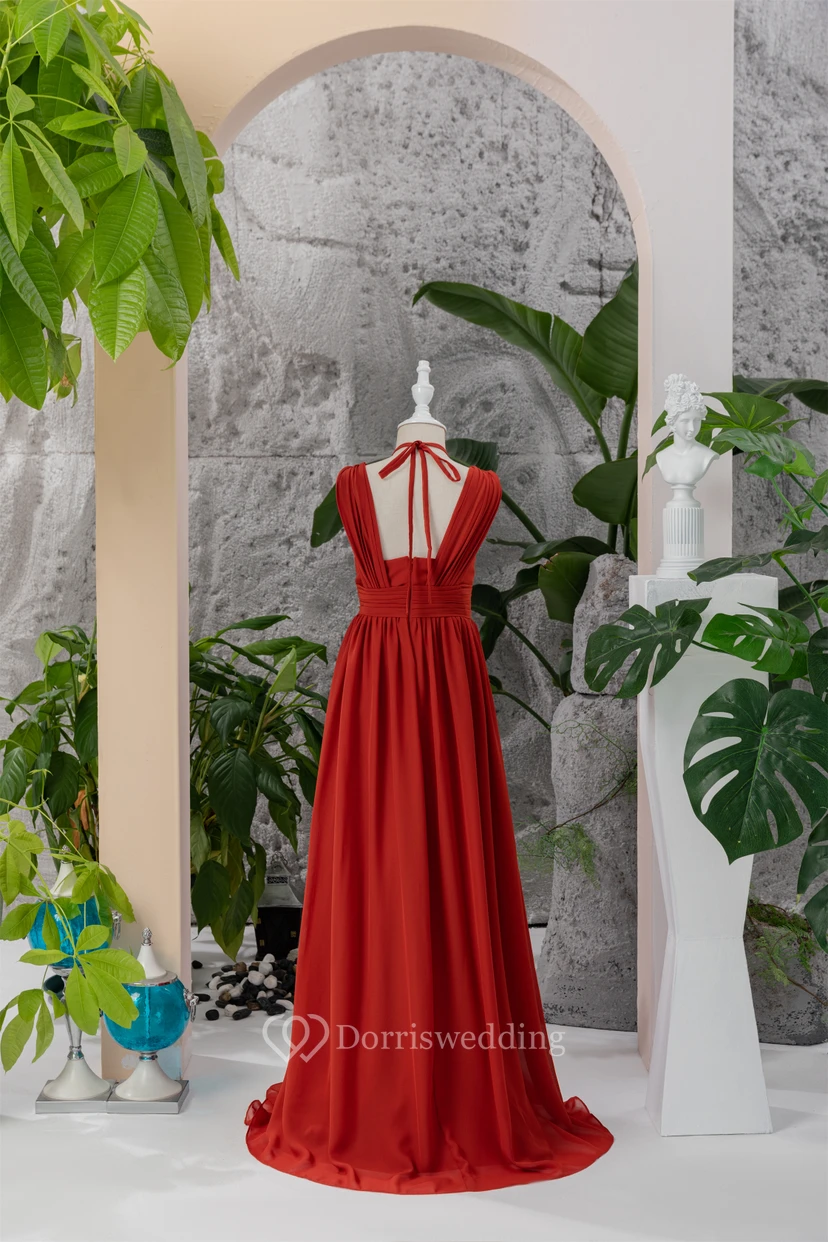 Red Halter Criss-cross Empire Chiffon Ruched Flowergirl Dress view 2