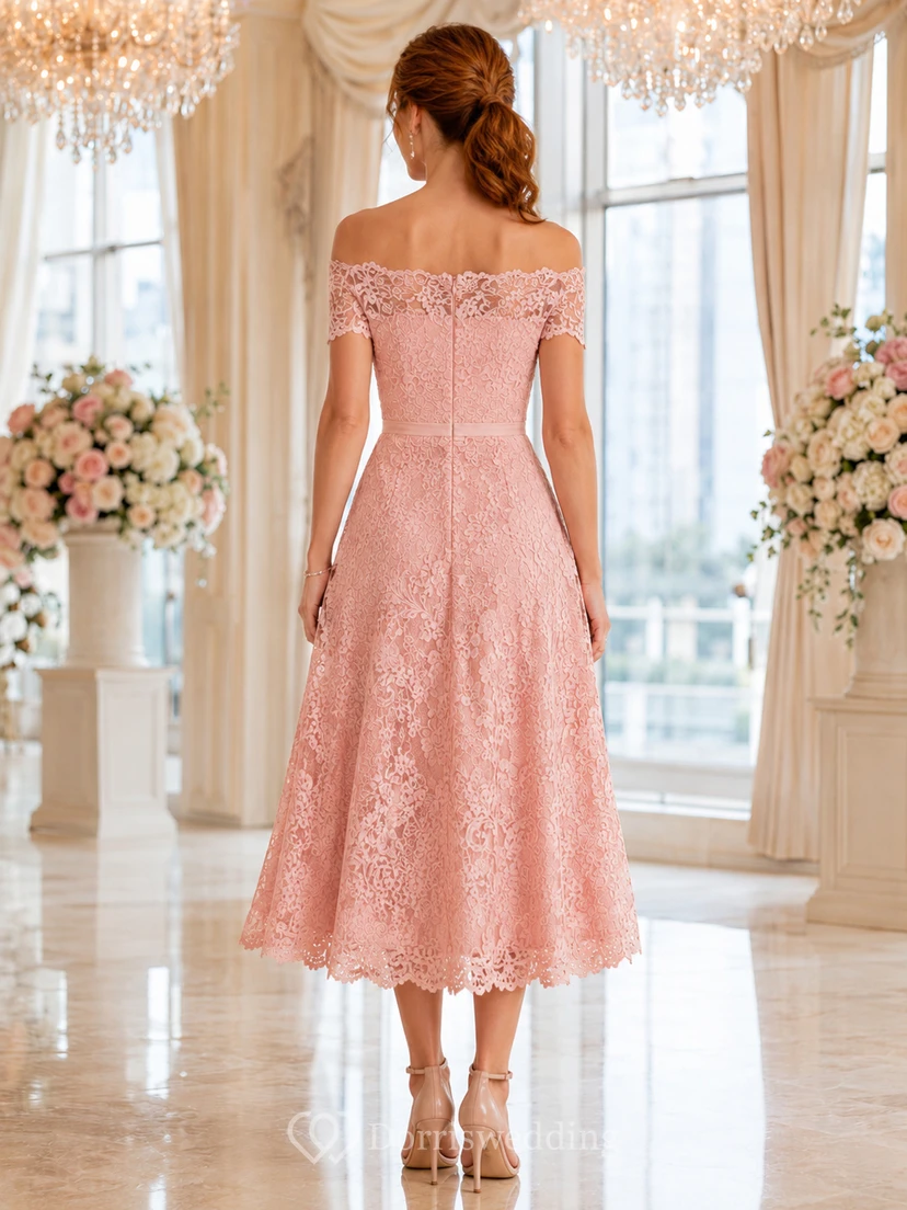 Blush Lace Off Shoulder A Line Awards Luncheon Midi Dress view 2