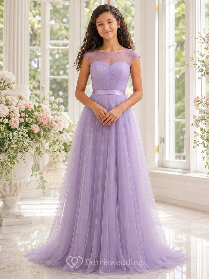 Lavendelfarbenes Brautjungfernkleid, A-Linie, herzförmiger Schnitt, kurze Ärmel, Tüll, romantisch