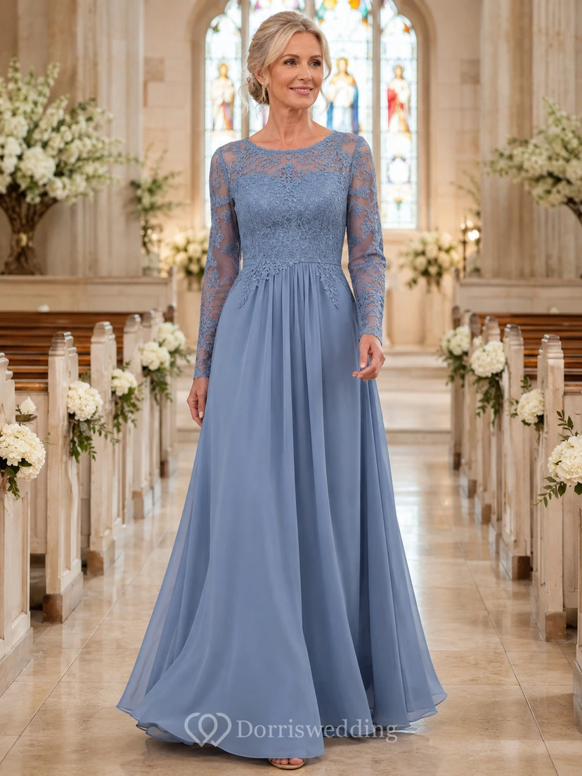 Dusty blue lace bodice long sleeve chiffon mother gown
