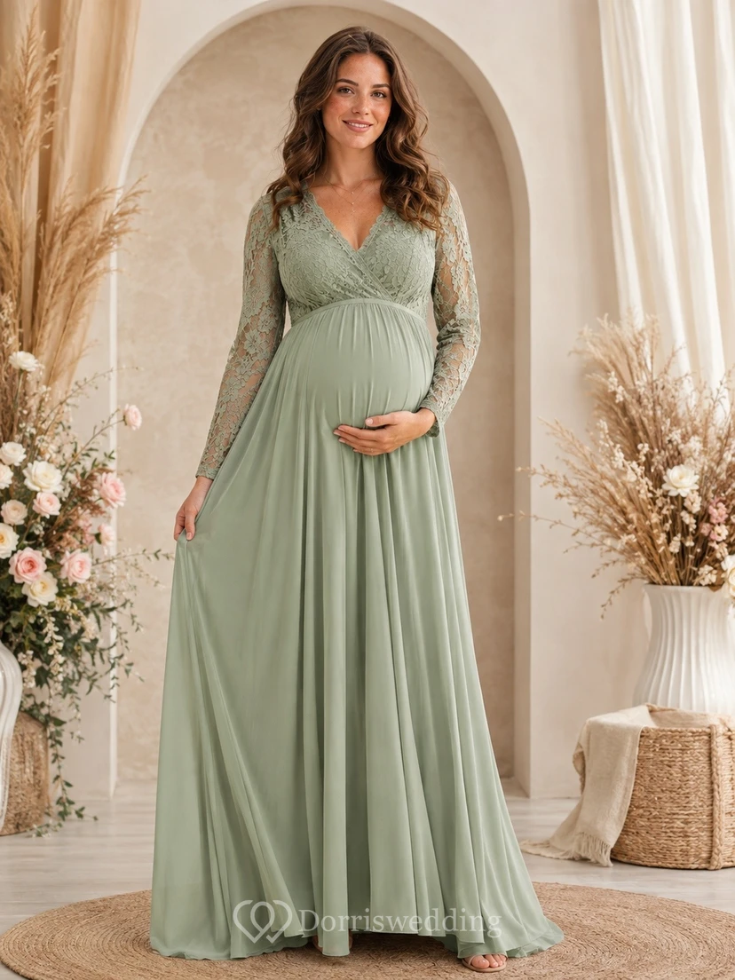 Sage Green Maternity Lace Long-Sleeve V-Neck Empire Floor-Length Dress