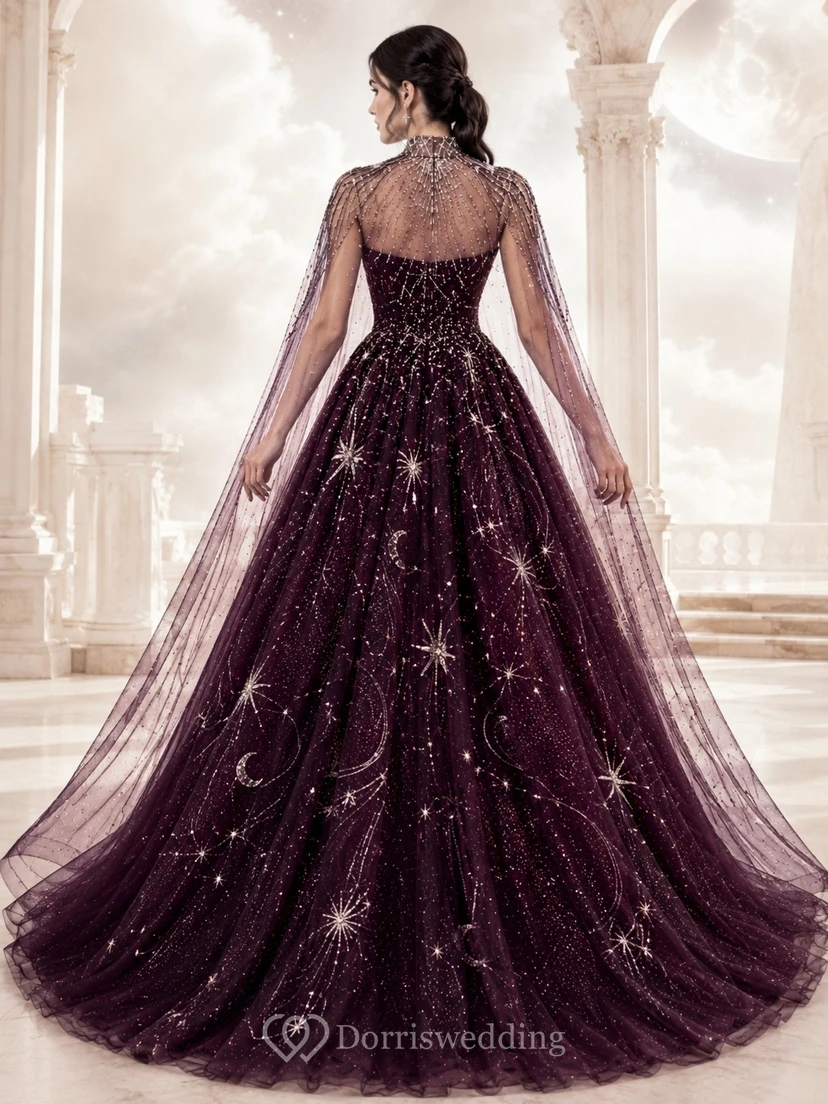 Pflaumenfarbenes Ballkleid aus Tüll mit Illusionsärmeln und Sternenverzierungen view 2