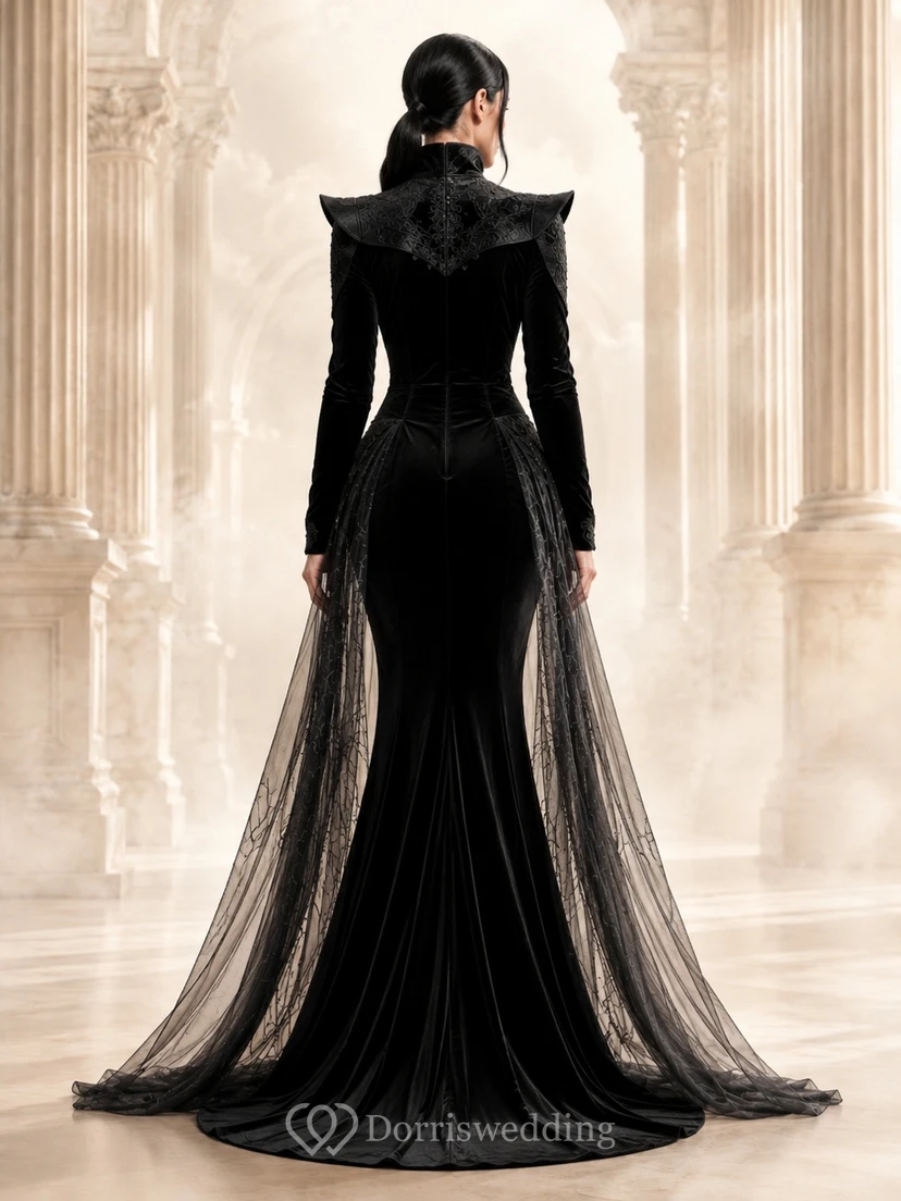 Black Velvet High-Neck Long-Sleeve Mermaid Sweep-Train Evening Gown view 2