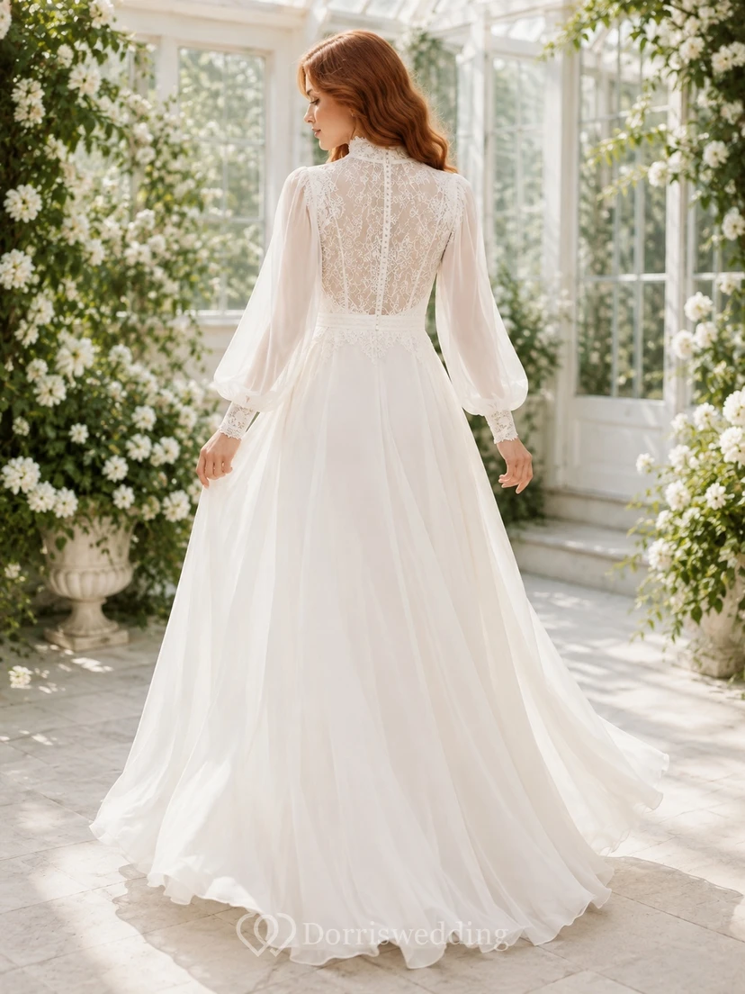 Elegantes, romantisches Brautkleid aus Chiffon mit hohem Kragen, langen Ärmeln und A-Linien-Schnitt, bodenlang, schlicht und romantisch für den Gartenstil view 2