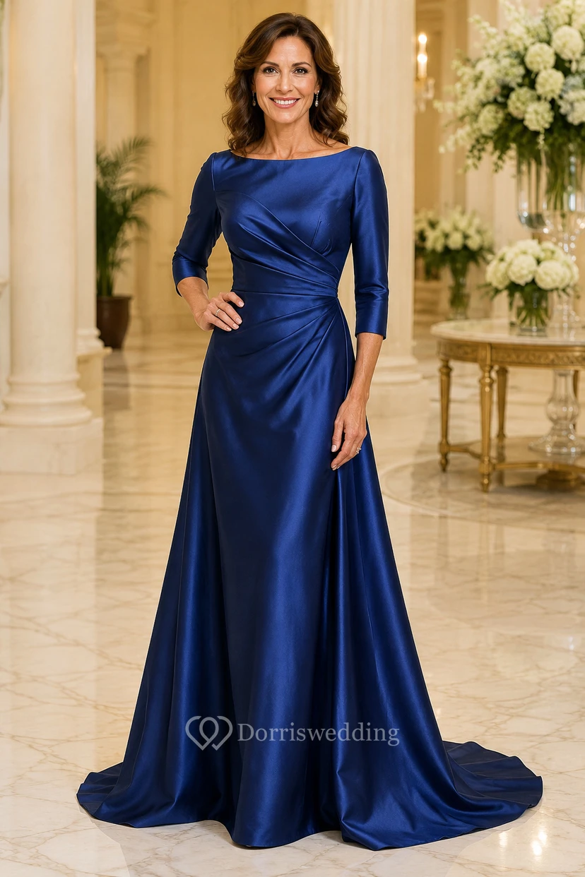 Robe mère bleu roi en satin, coupe trapèze, manches trois-quarts