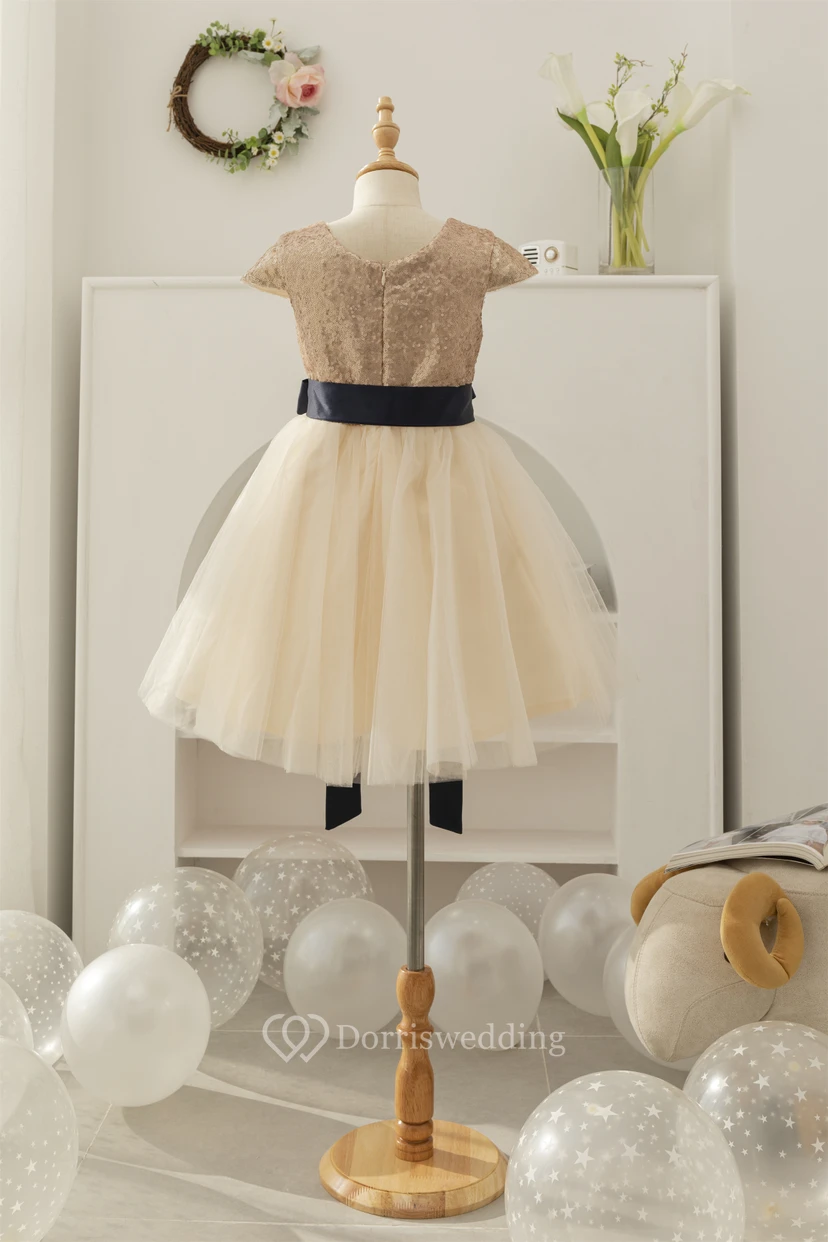 Cap Sequin Tulle Skirt A-line Flowergirl Dress with Ribbon Bow view 2