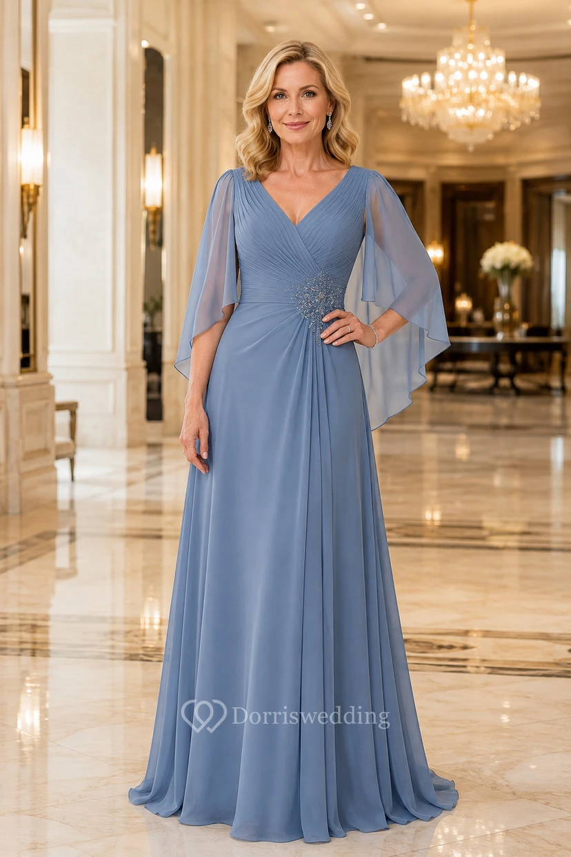 Große Größe, stahlblaues Chiffon-Kleid mit Cape-Ärmeln, V-Ausschnitt und perlenbesetzter Taille