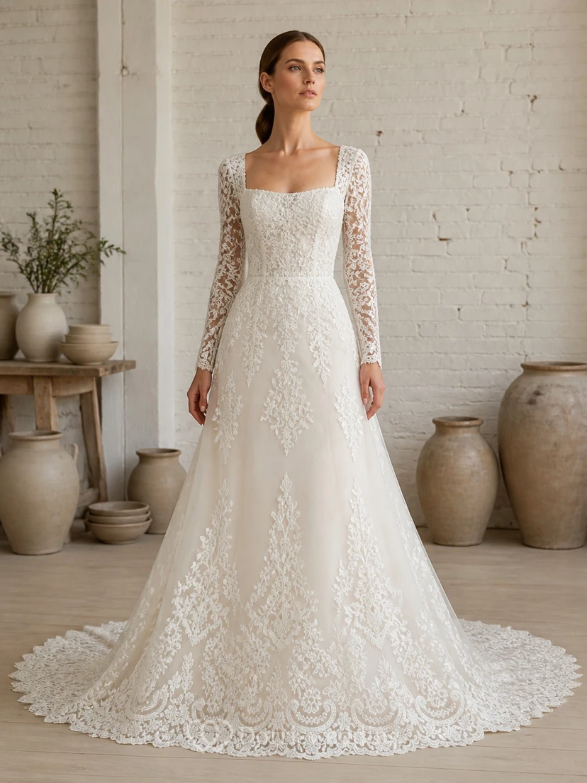 Vestido de novia modesto de manga larga, corte A, escote cuadrado, encaje floral de cerámica y cola de capilla