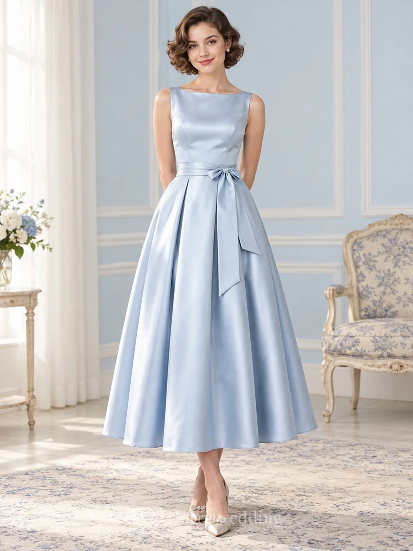 Vintage Tea-length Sky Blue Bateau Sleeveless Bow Satin Prom Dress