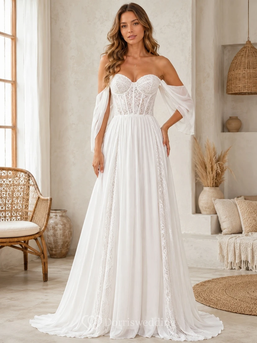 Bohemian Romantic Off-Shoulder Long-Sleeve Tulle-Lace A-Line Sweep-Train Wedding Dress