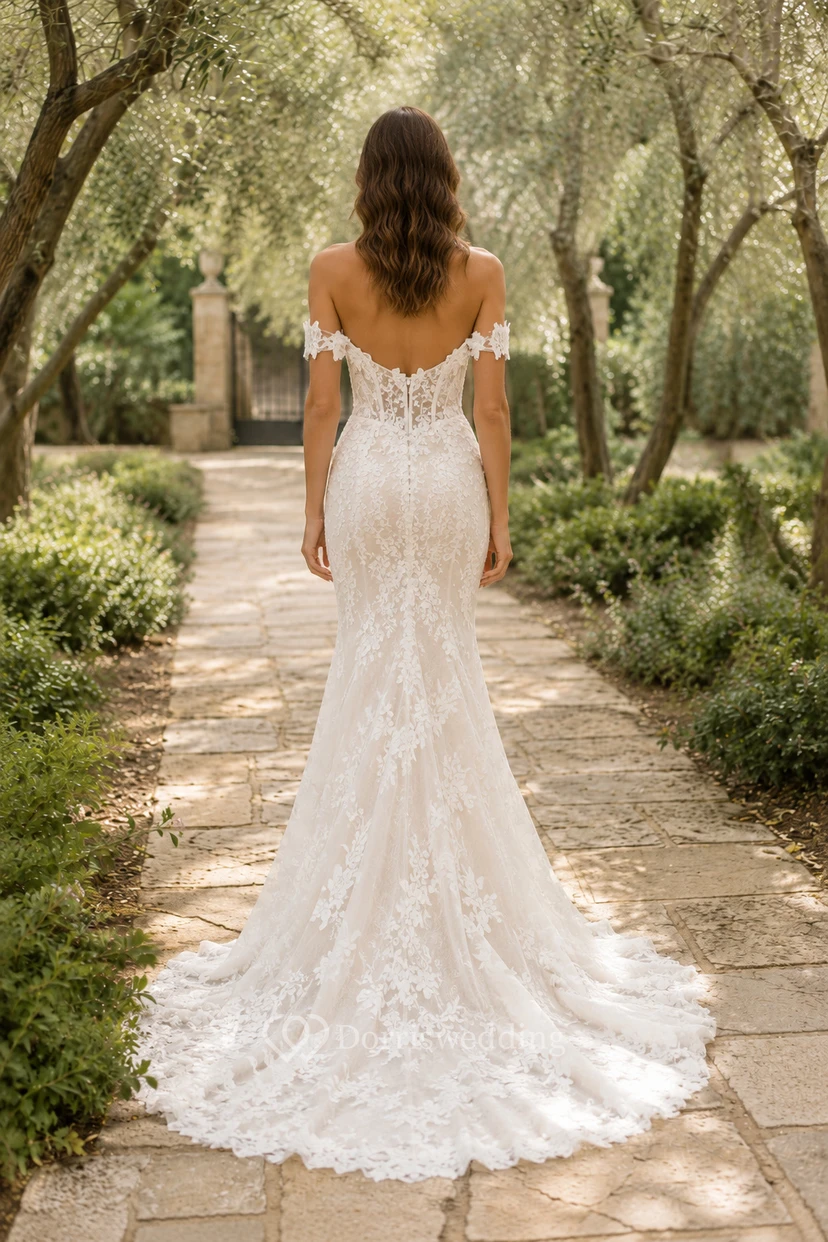 Robe de mariée sirène en dentelle à épaules dénudées et traîne balayée view 2