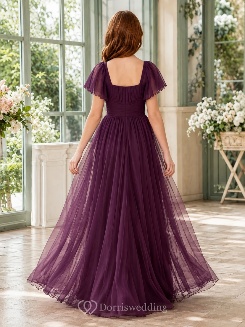 Pflaumenfarbenes Brautjungfernkleid, A-Linie, eckig, kurze Ärmel, Tüll, gestuft, romantisch, formell view 2