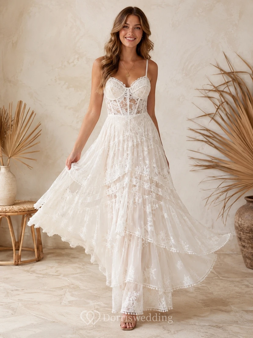 Vestido de novia bohemio de tirantes finos, escote corazón, encaje, corte A con volantes asimétricos