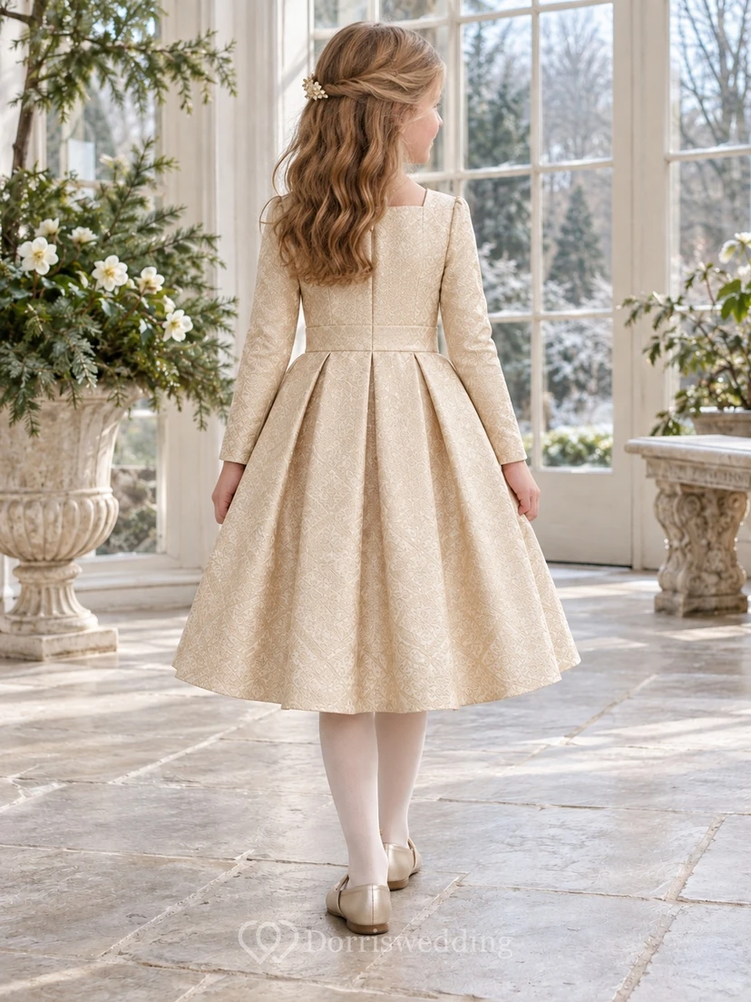 Champagne Square Neck Long Sleeve Box Pleat Flower Girl Dress view 2
