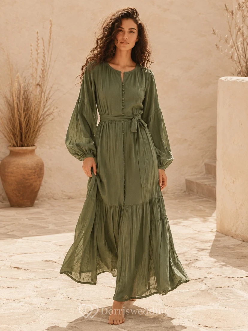 Sage Green High Neck Long Sleeve Tiered Chiffon Maxi Dress