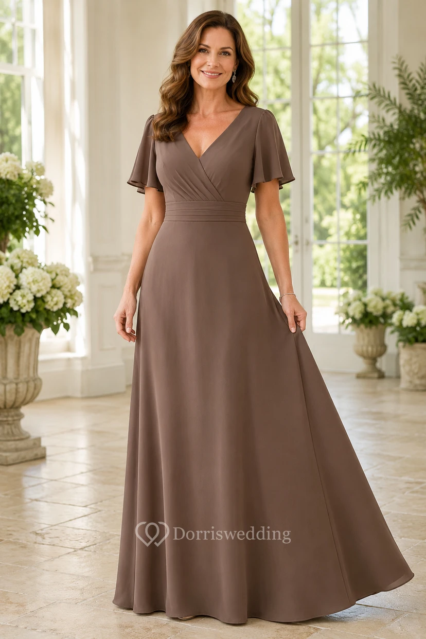 Taupefarbenes A-Linien-Kleid mit V-Ausschnitt und Volantärmeln für Mütter