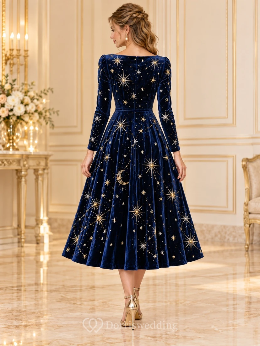 Dark Navy Boat Neck Long Sleeve Celestial Velvet Dress view 2