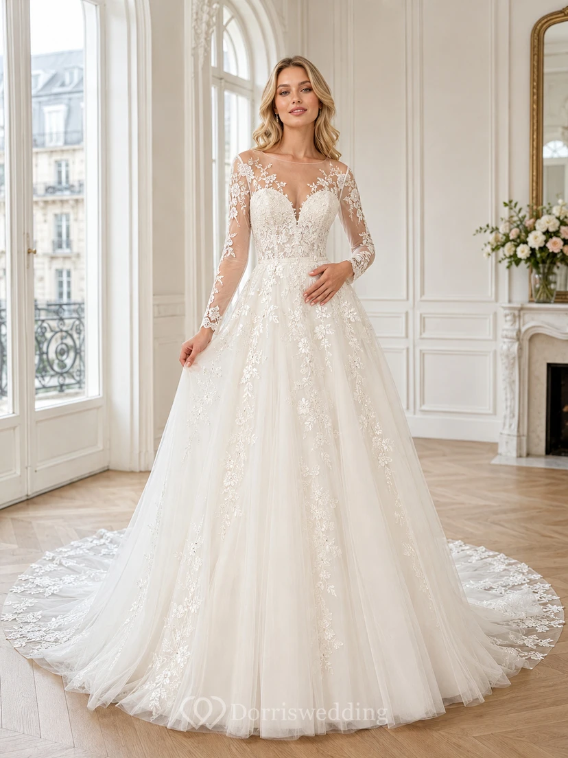 Robe de mariée champêtre en dentelle sculptée et tulle, col V, manches longues, coupe trapèze, traîne chapelle, applications florales.