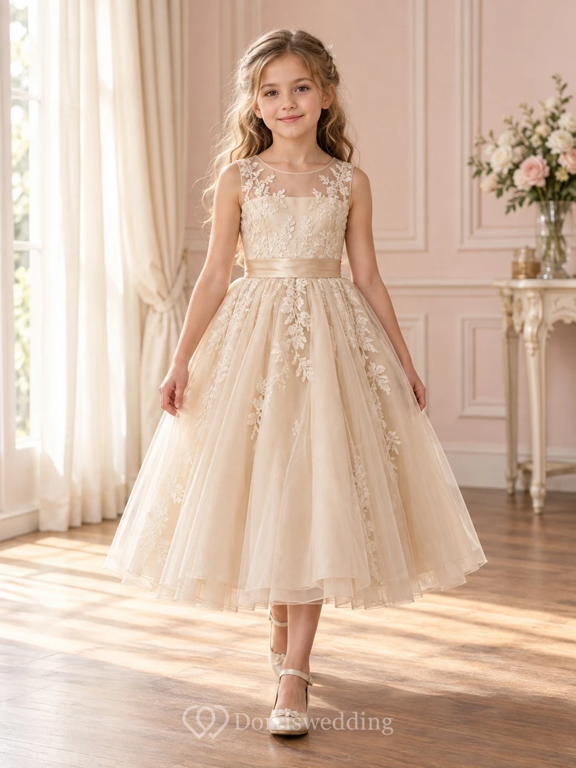 Tea-length Champagne Floral A-line Tulle Sleeveless Illusion-Neck Bow-back Flower Girl Dress