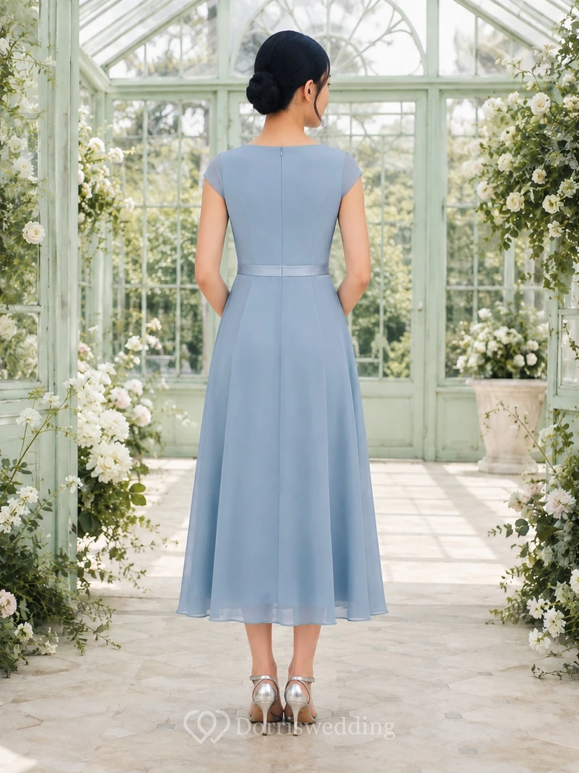 Stahlblaues Brautjungfernkleid für junge Damen, A-Linie, V-Ausschnitt, kurze Ärmel, schlicht view 2