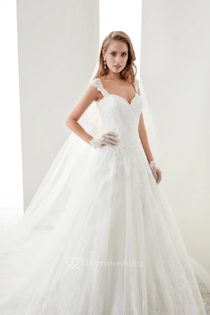 Sweetheart A-Line Lace Bridal Gown With Appliques Straps And Lace-Up Back view 3