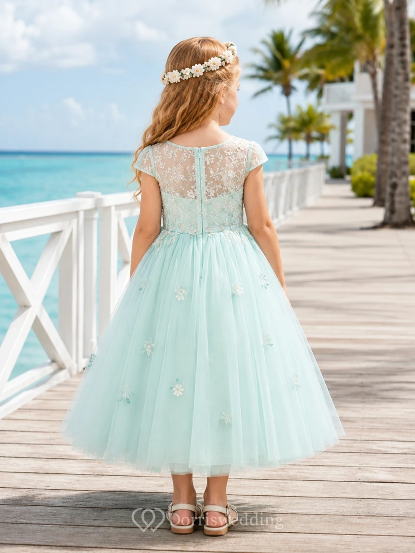 Adorable A-Line Flower Girl Dress with Jewel Neck Lace Bodice Mint Tulle Garden Celebration view 2