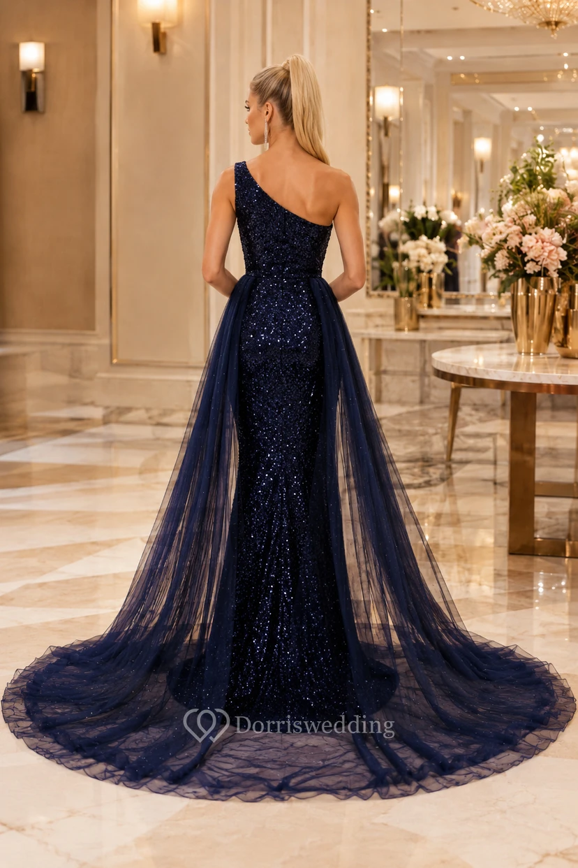 Robe fourreau bleu marine à sequins avec surjupe en tulle view 2