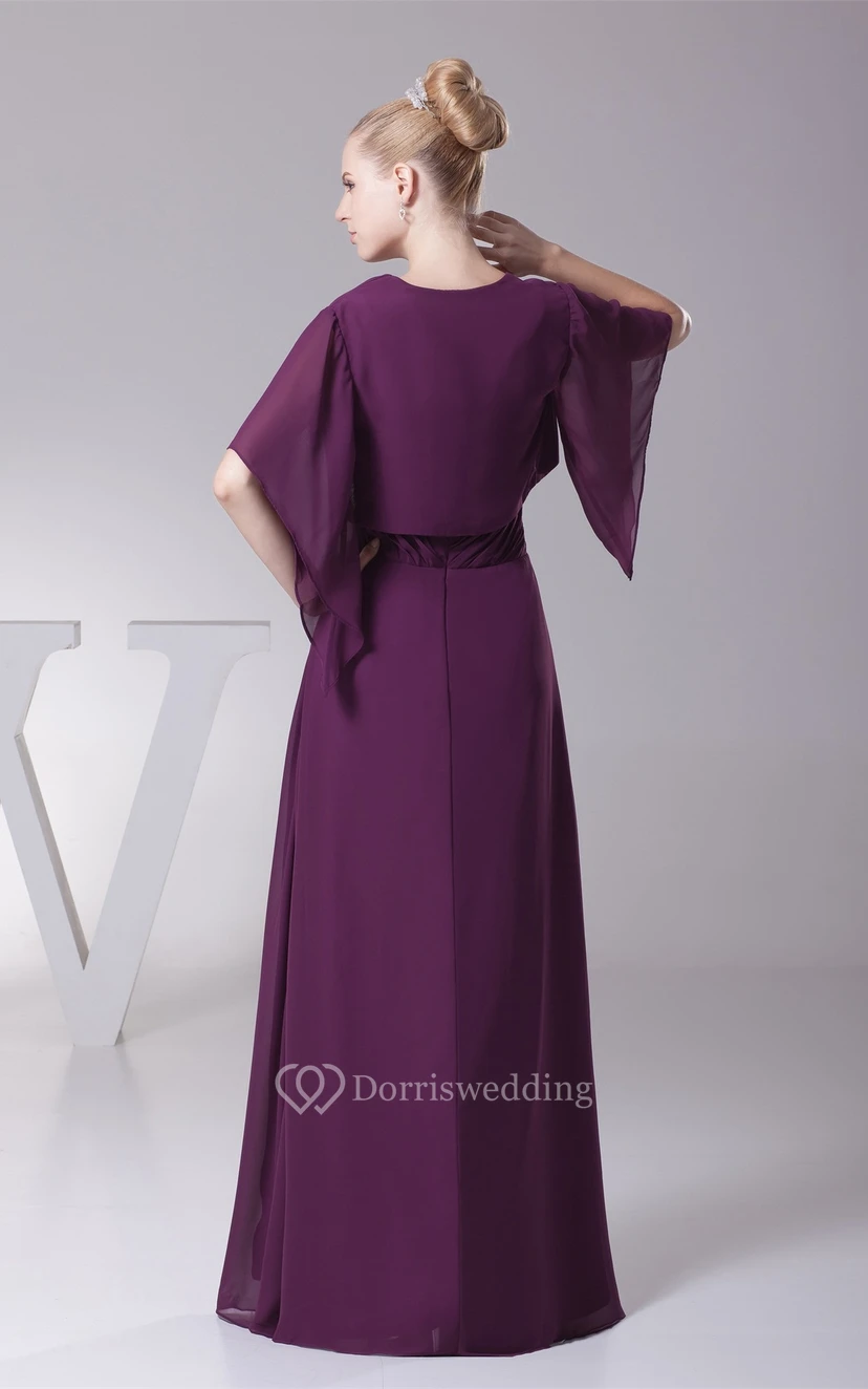 Plunged Chiffon Floor-Length Criss-Cross Bolero and Dress With Broach view 6