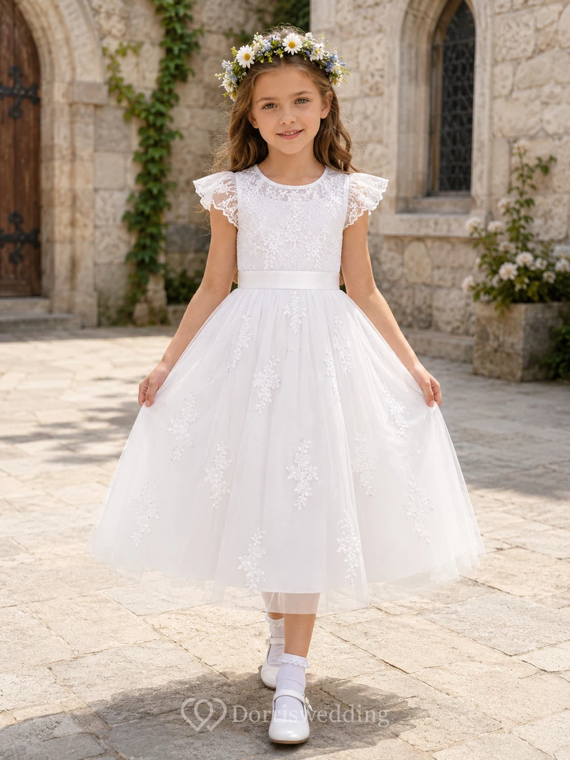 Robe de communion mi-longue en tulle et dentelle à volants et manches courtes, style bateau