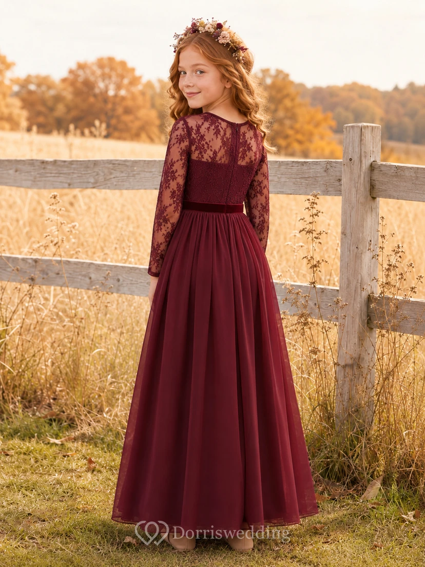 Burgundy Lace Long Sleeve Tulle A-Line Floor-Length Country Flower Girl Dress view 2