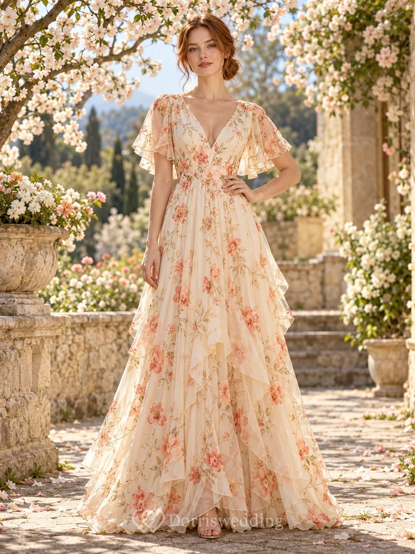 Fairy Champagne Floral V-Neck Flutter Sleeve Chiffon Long Guest Dress