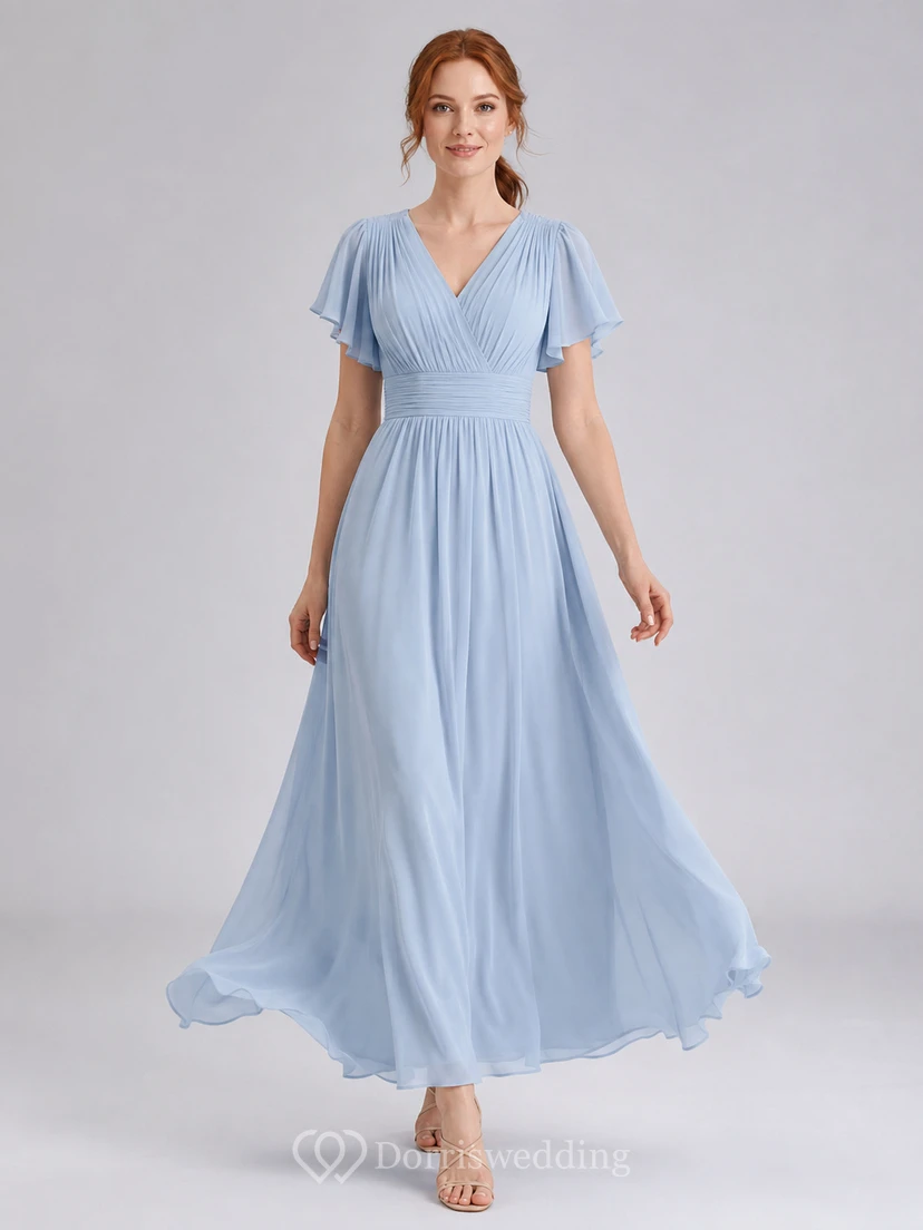 Light Blue Chiffon Flutter Sleeve Empire Waist Formal Gown