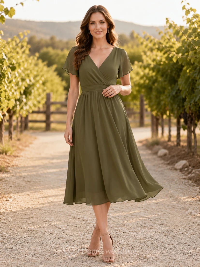 Robe de demoiselle d'honneur olive en mousseline de soie, col en V, manches courtes, longueur thé