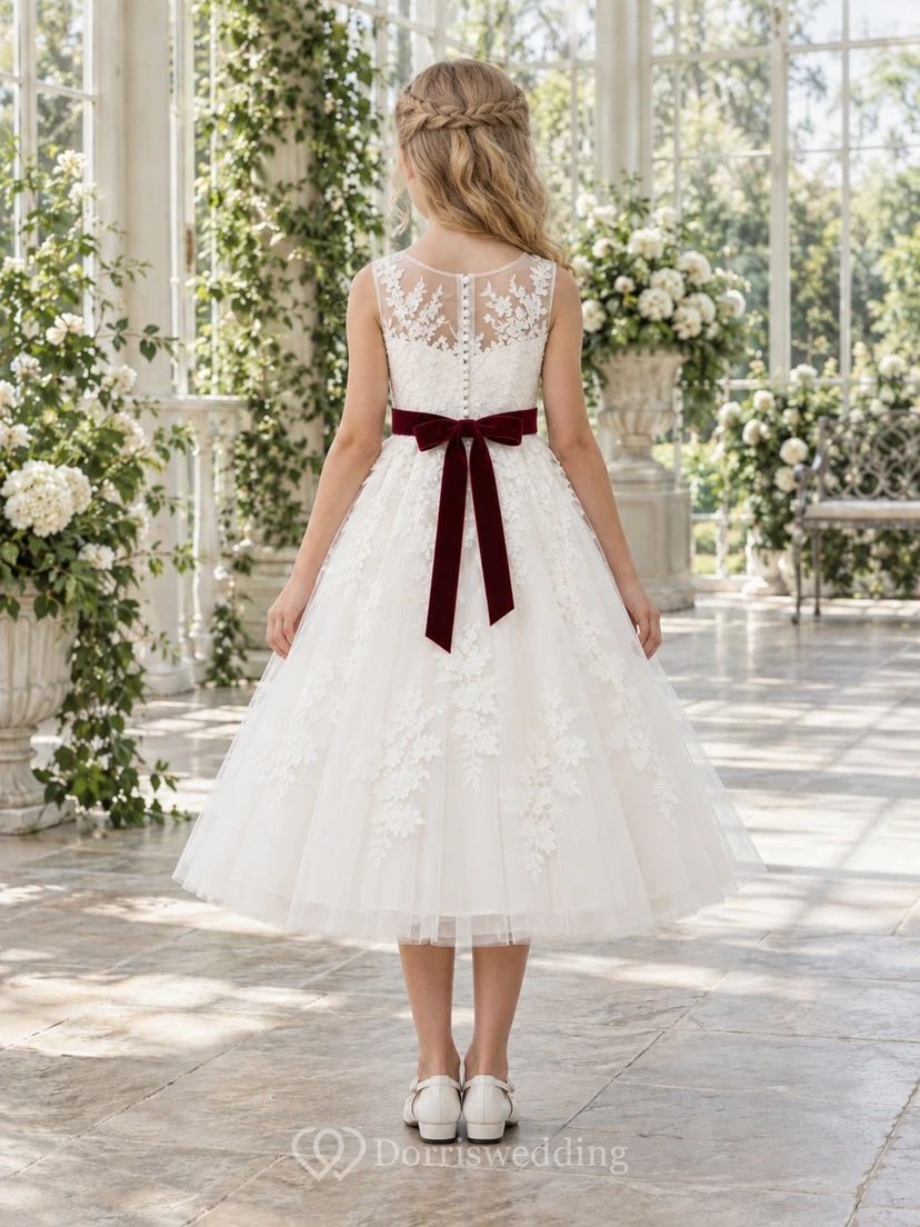 Vestido de niña de flores blanco, modesto, de corte A, con estampado floral y sin mangas, con fajín burdeos. view 2