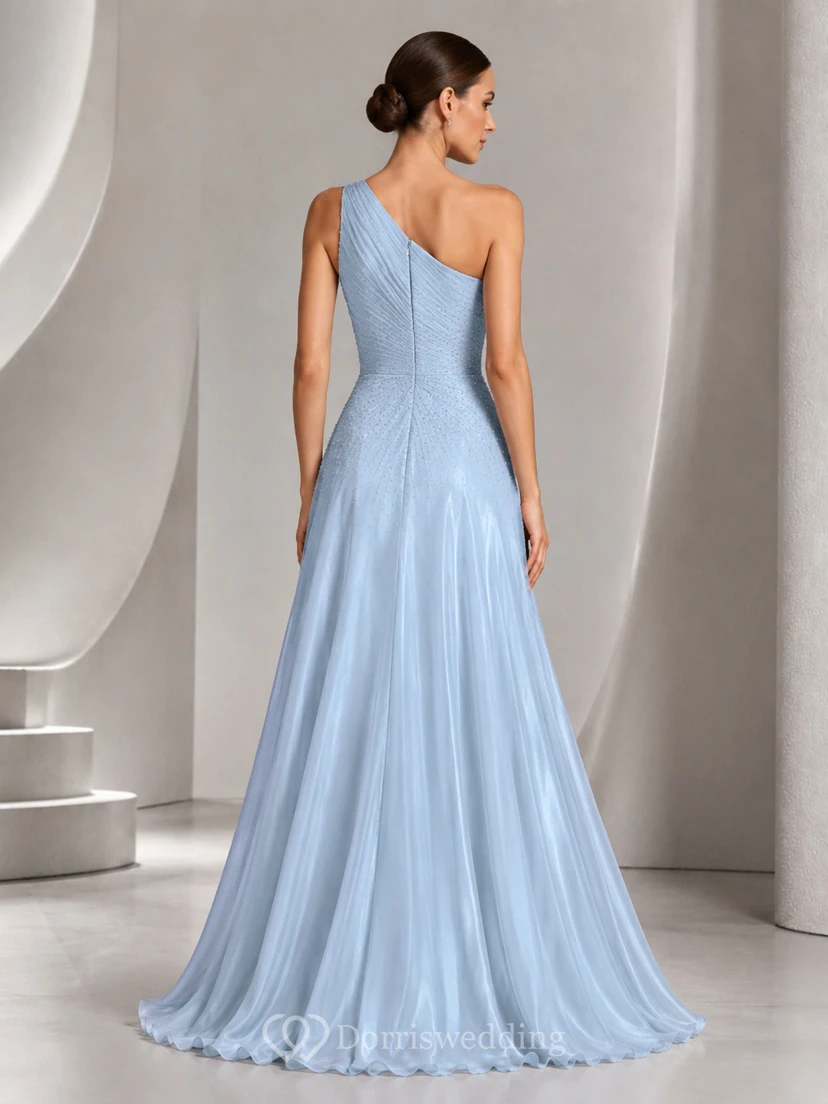 Himmelblaues, sanft-glamouröses A-Linien-Abendkleid mit One-Shoulder-Schnitt view 2