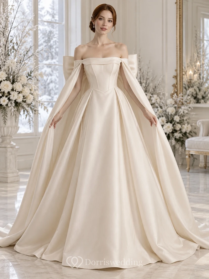 Vestido de novia de invierno con corpiño de satén con paneles y hombros descubiertos, lazo trasero y capa, corte en A.