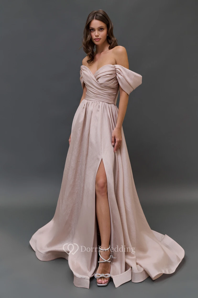 Pink Off-the-shoulder Criss-cross Empire Satin Dress view 4