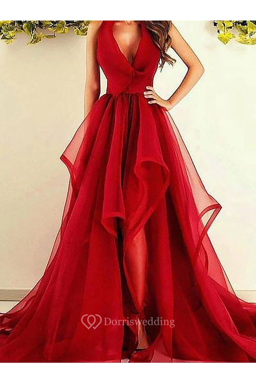 A-Line Organza V-neck Sleeveless Zipper Dress