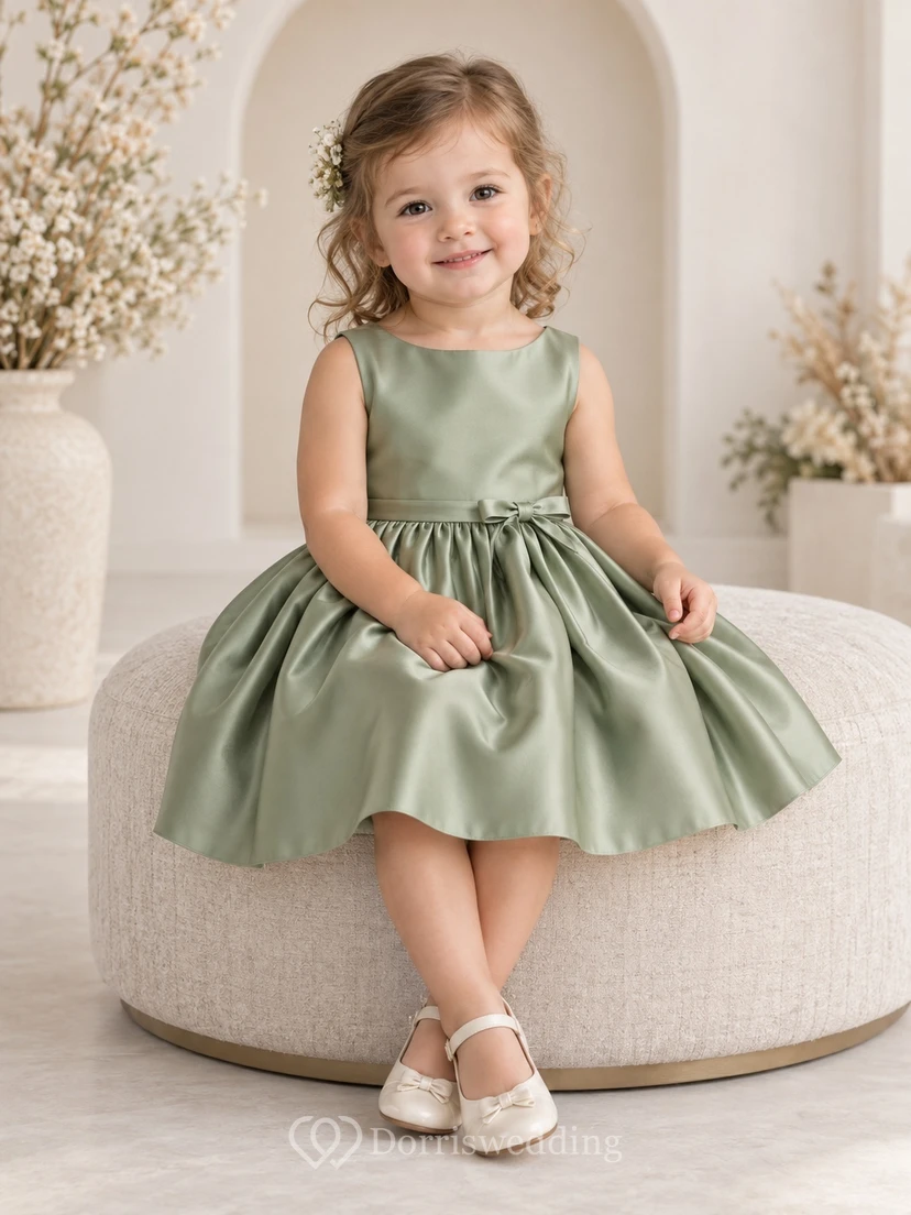 Knee-length Simple Sage Summer A-line Satin Sleeveless Gathered Flower Girl Dress