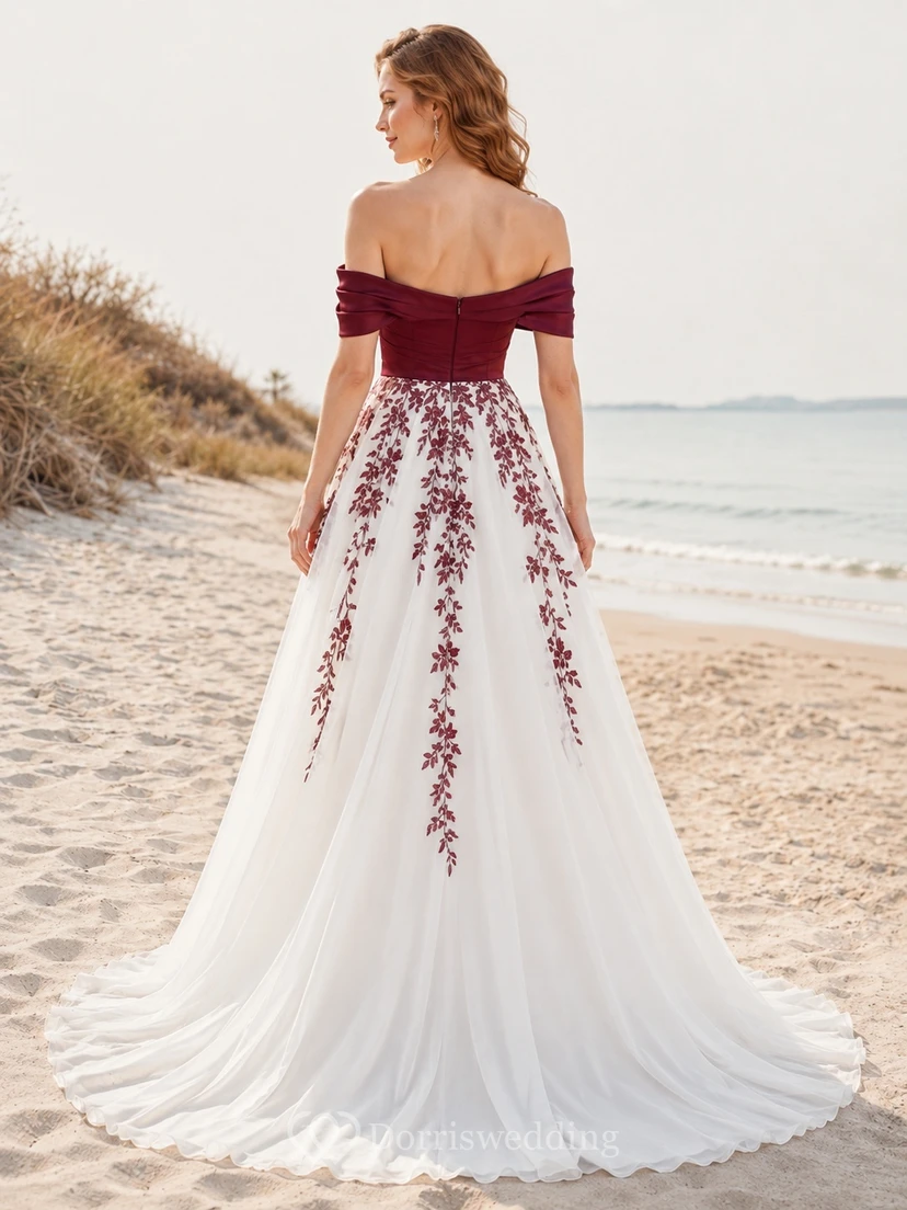 Burgunderfarbenes schulterfreies, kurzärmeliges, besticktes Tüll-Brautkleid in A-Linie mit Schleppe view 2