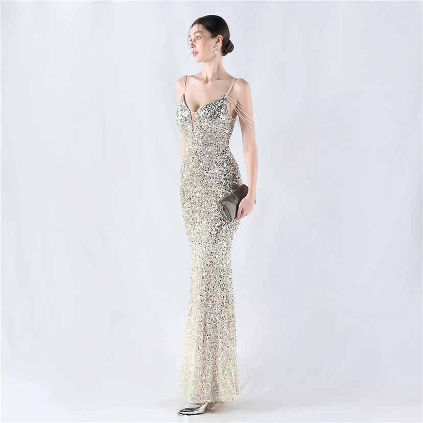 Velvet-Bottom Gradient Sequined Sexy Beaded Suspender Evening Dress view 64