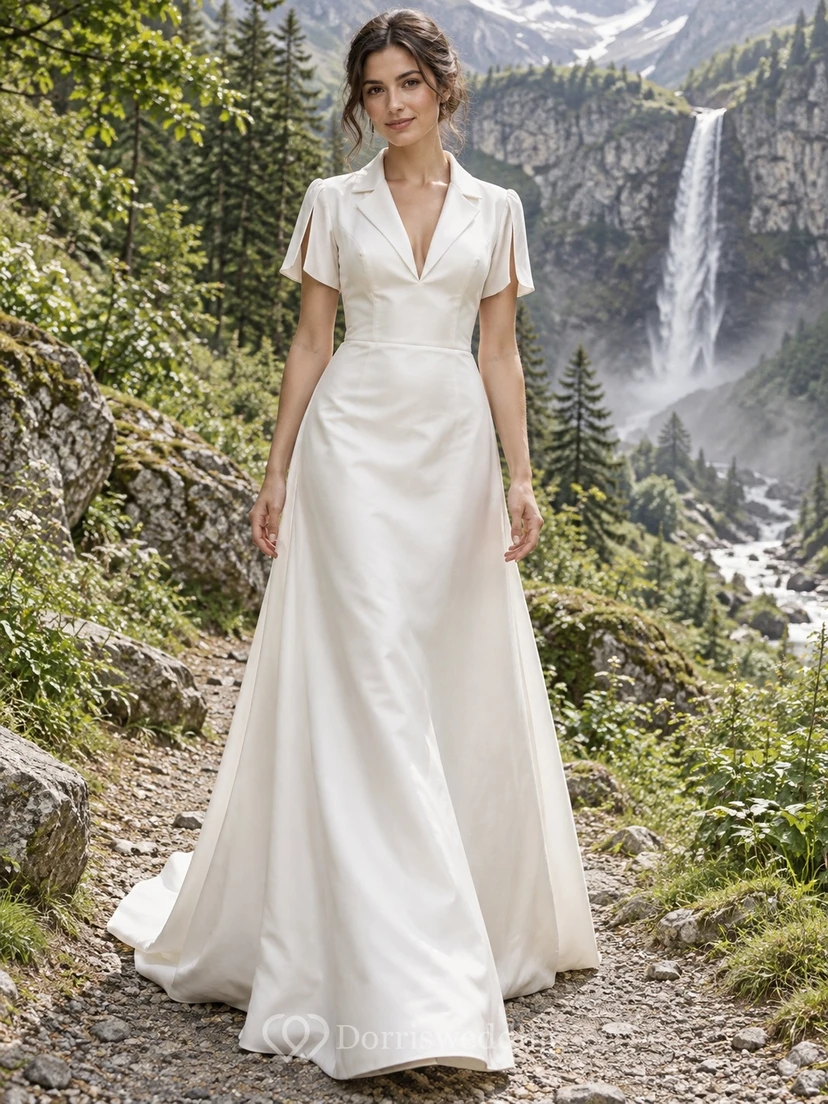 Vestido de novia sencillo de tafetán con escote en V y corte en A, manga corta