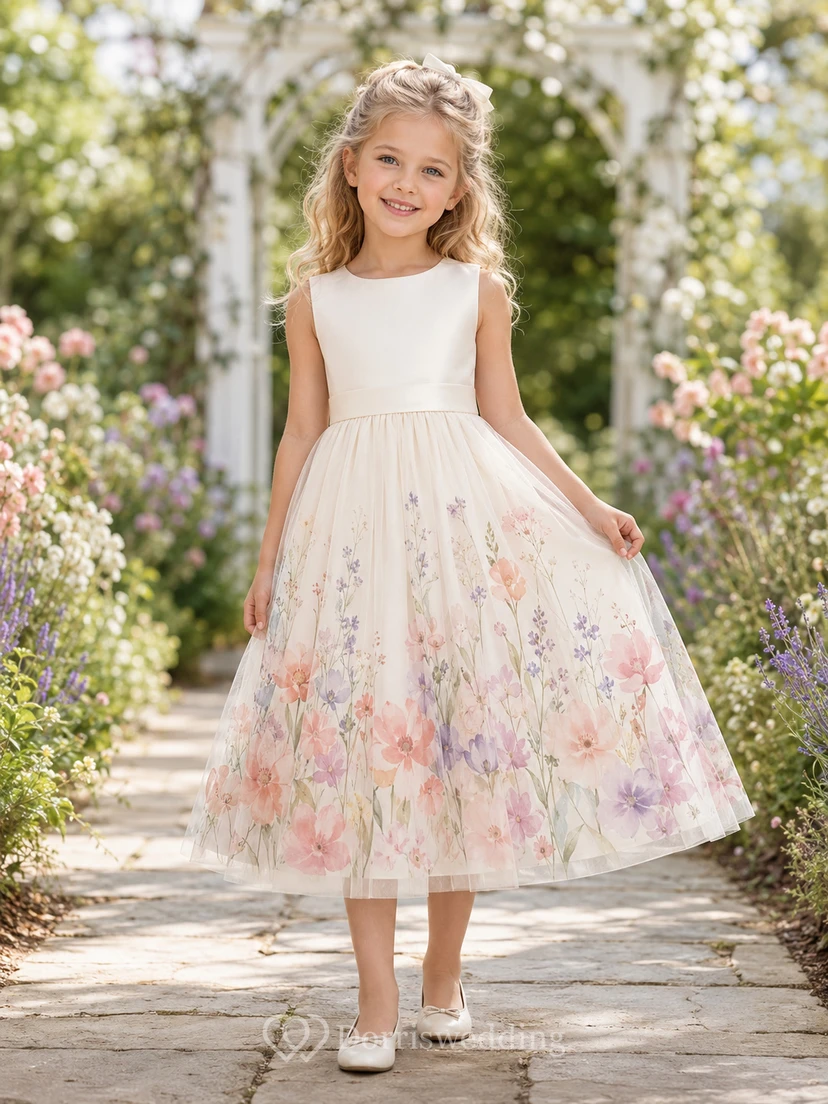 Aquarell-Blumenkleid für Blumenmädchen mit ärmellosem A-Linien-Oberteil, Tüllrock, bedrucktem Saum und Teelänge