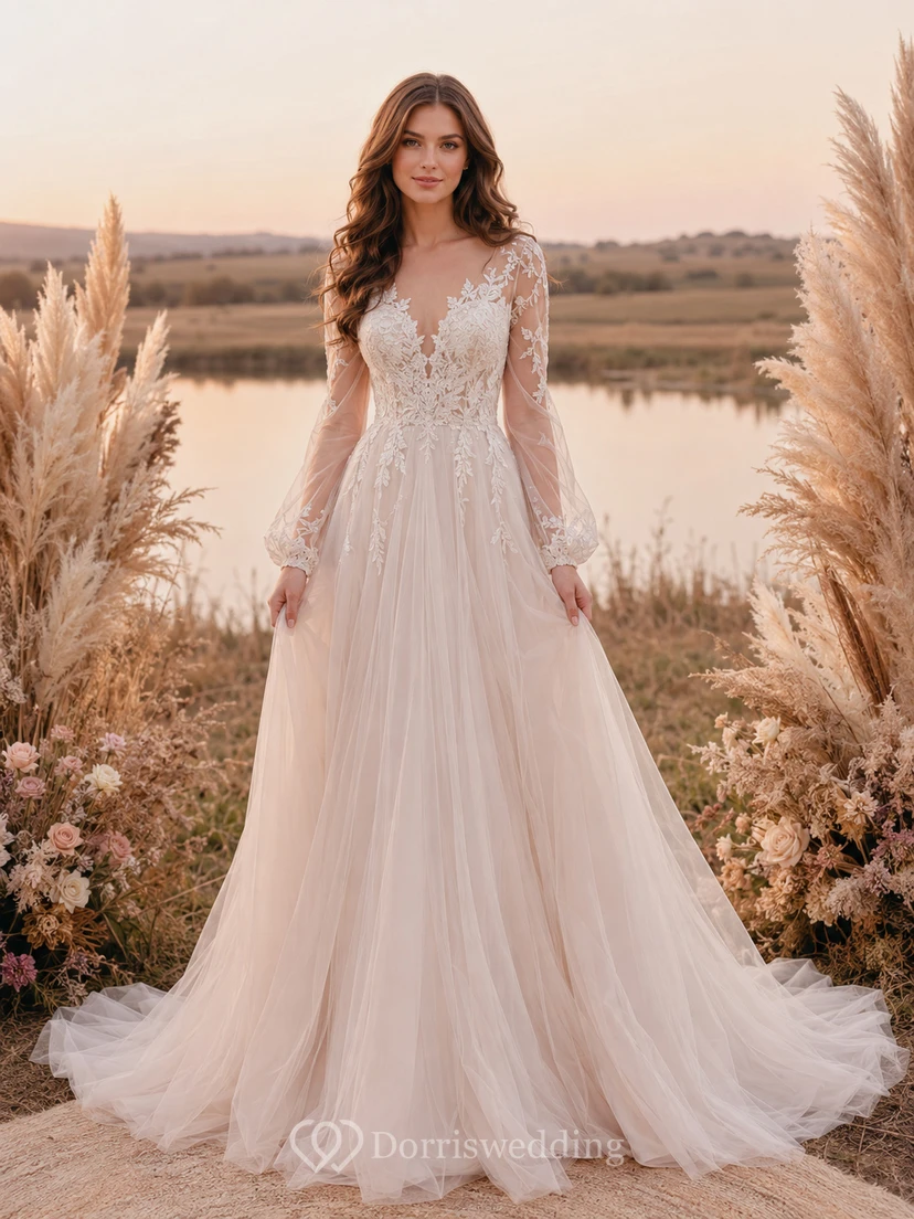 Brautkleid in A-Linie aus langärmeliger Illusionsspitze und Pampas-Tüll