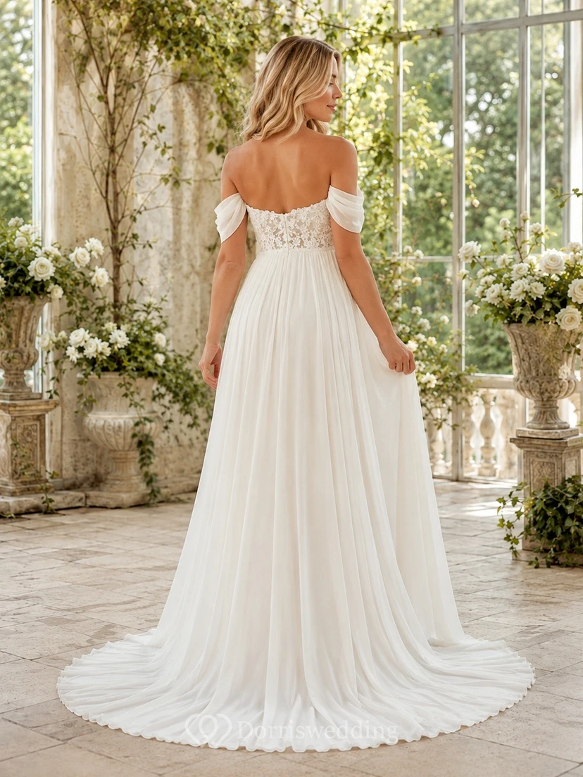 Vestido de novia romántico de maternidad con hombros descubiertos y corte imperio hasta el suelo view 2