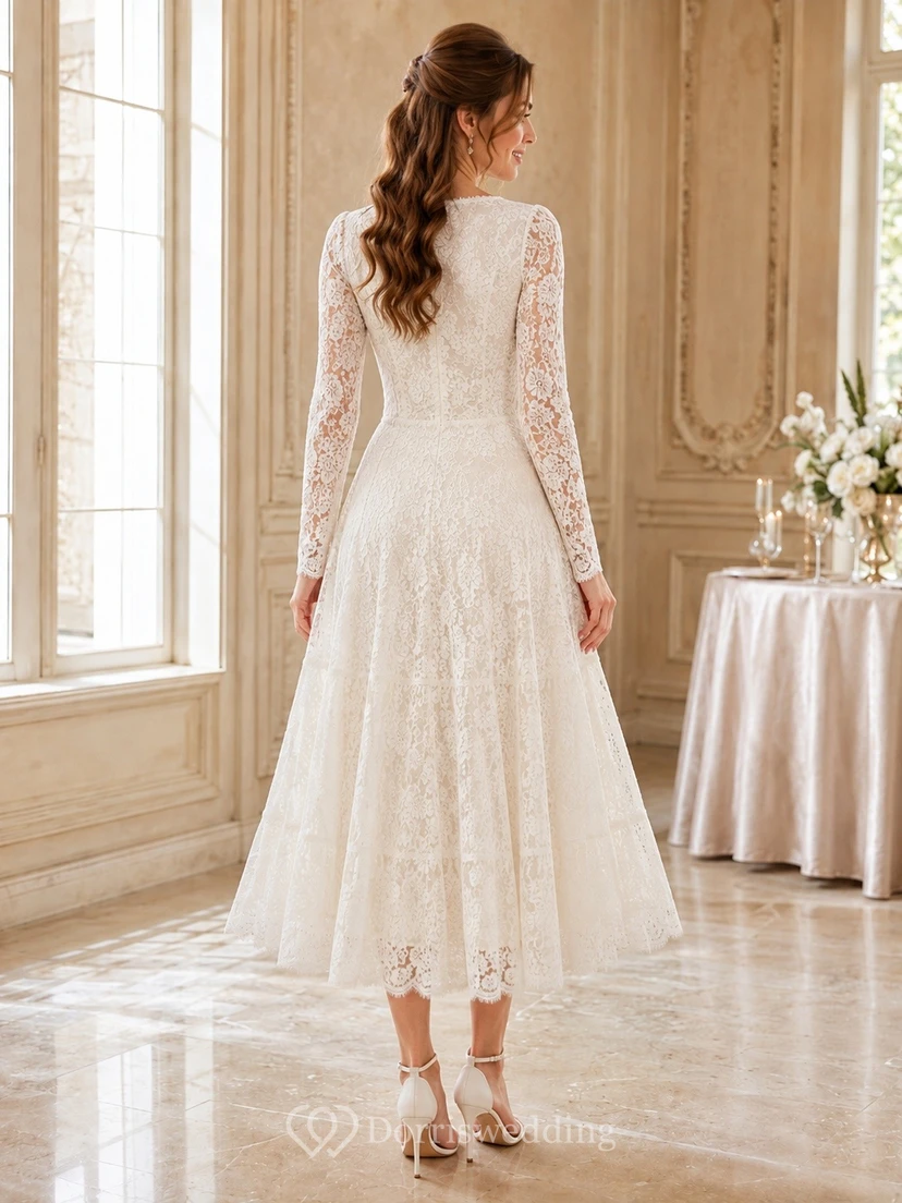 Square Neck Long Sleeve Lace Tulle A-Line Floor-Length Wedding Dress view 2
