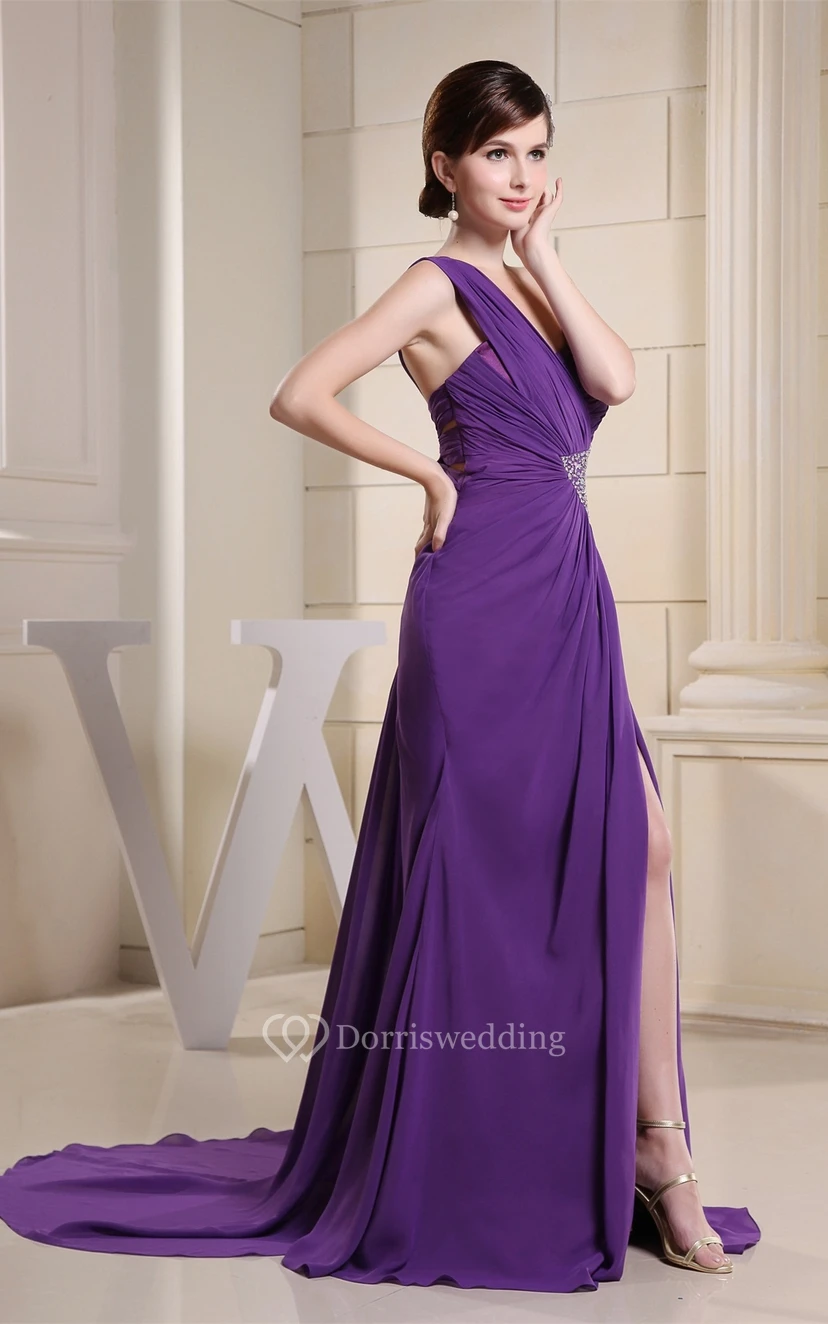 One-Shoulder Long Front-Split Side Beading and Dress With Ruching view 3