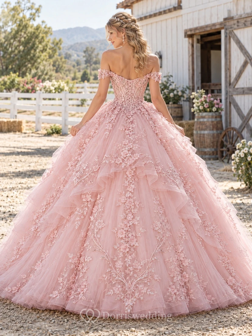 Western Blushing Pink Off Shoulder Floral Tulle Quinceanera Ball Gown view 2