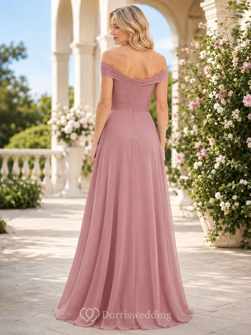 Elegante vestido de noche largo hasta el suelo, de gasa fruncida con hombros descubiertos, color rosa empolvado, corte en A, para mujeres de baja estatura. view 2